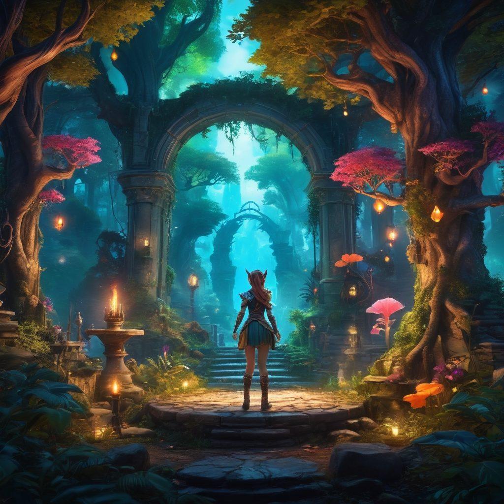 A captivating fantasy realm filled with vibrant, diverse characters engaging in exhilarating NSFW gaming adventures. Showcase a lush, enchanted forest with whimsical creatures, neon-lit ruins, and a thrilling gaming combat scene. Highlight character diversity with fantasy elements such as elves, warriors, and mythical beings in playful yet adventurous poses. Add an aura of mystique with glowing magical symbols in the air. bright colors. digital art. cinematic lighting.