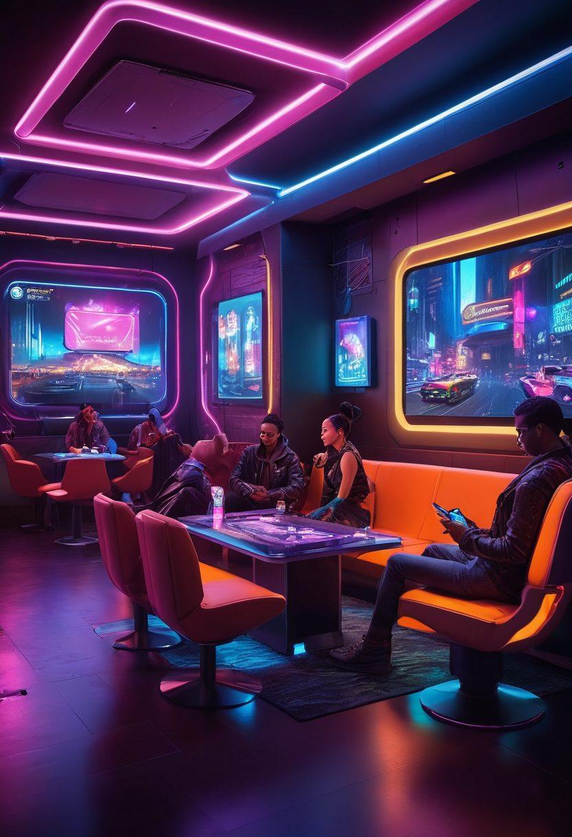 A visually striking scene featuring a futuristic gaming lounge with vibrant neon lights and interactive screens showing diverse adult game visuals. Include characters engaging with augmented reality devices, showcasing excitement and desire. The atmosphere should be playful and inviting, with plush seating and bold colors that evoke a sense of intimacy and exploration. super-realistic. vibrant colors. cyberpunk.