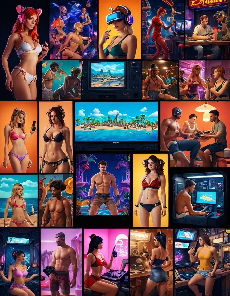 A visually striking collage featuring various types of adult video game scenes blending into real-life intimate encounters. Showcase diverse characters in exaggerated, colorful settings, with elements like digital interfaces, playful pixel art, and sensuality. Include hints of technology, like VR headsets and glowing screens, to emphasize the evolution of digital entertainment. Create a balance between fantasy and reality, highlighting both escapism and intimacy. vibrant colors. super-realistic.